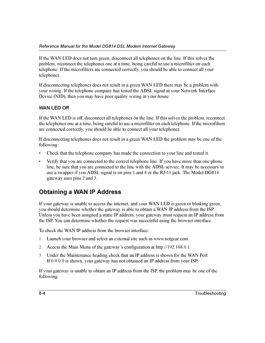 NETGEAR DG814 DSL manual Obtaining a WAN IP Address, WAN LED Off 