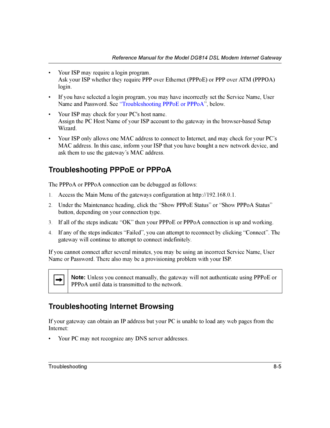 NETGEAR DG814 DSL manual Troubleshooting PPPoE or PPPoA, Troubleshooting Internet Browsing 