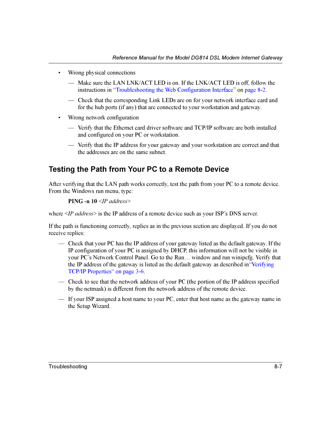 NETGEAR DG814 DSL manual Testing the Path from Your PC to a Remote Device, Ping -n 10 IP address 