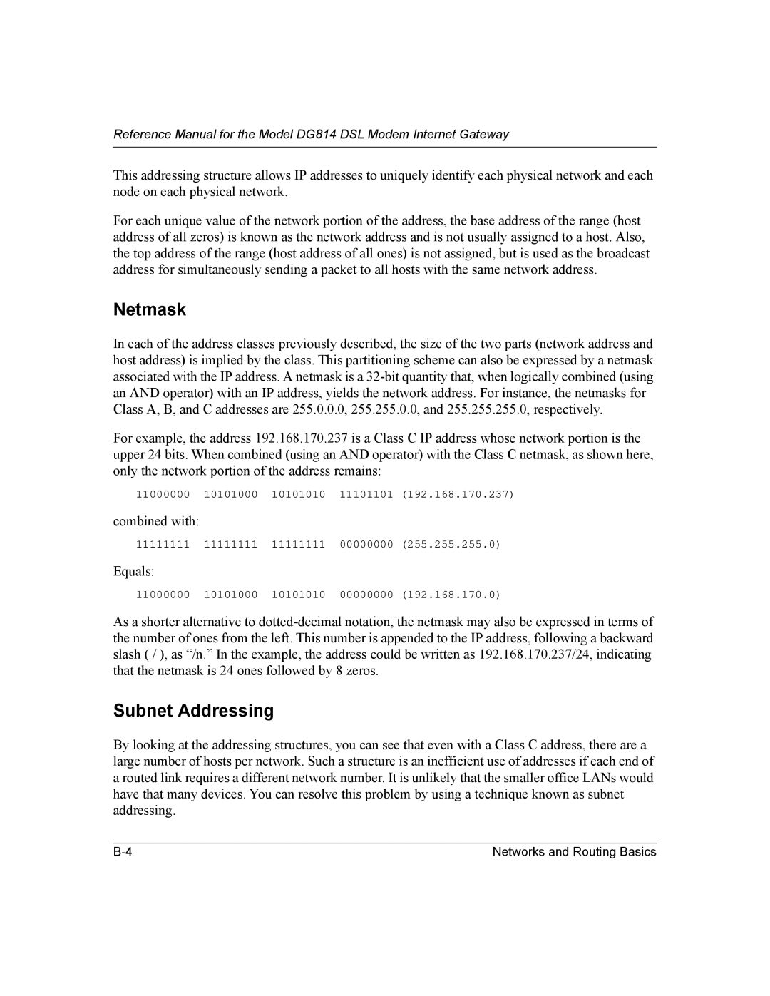 NETGEAR DG814 DSL manual Netmask, Subnet Addressing 