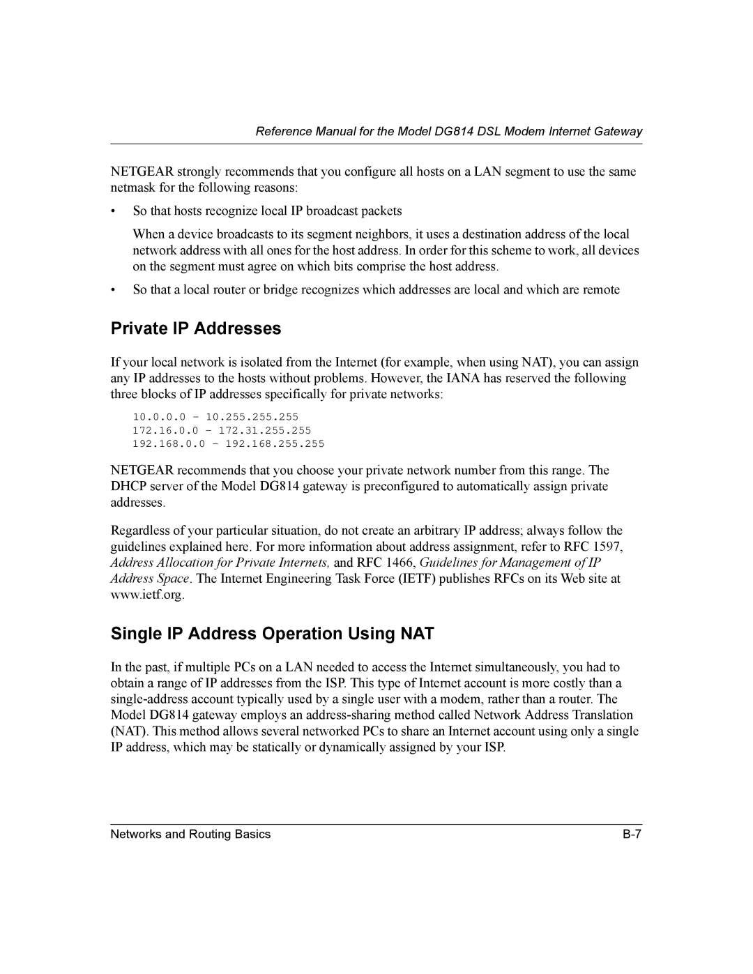 NETGEAR DG814 DSL manual Private IP Addresses, Single IP Address Operation Using NAT 