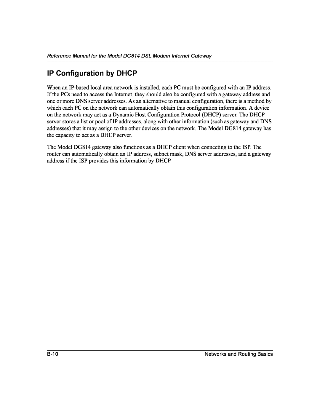 NETGEAR DG814 DSL manual IP Configuration by DHCP 