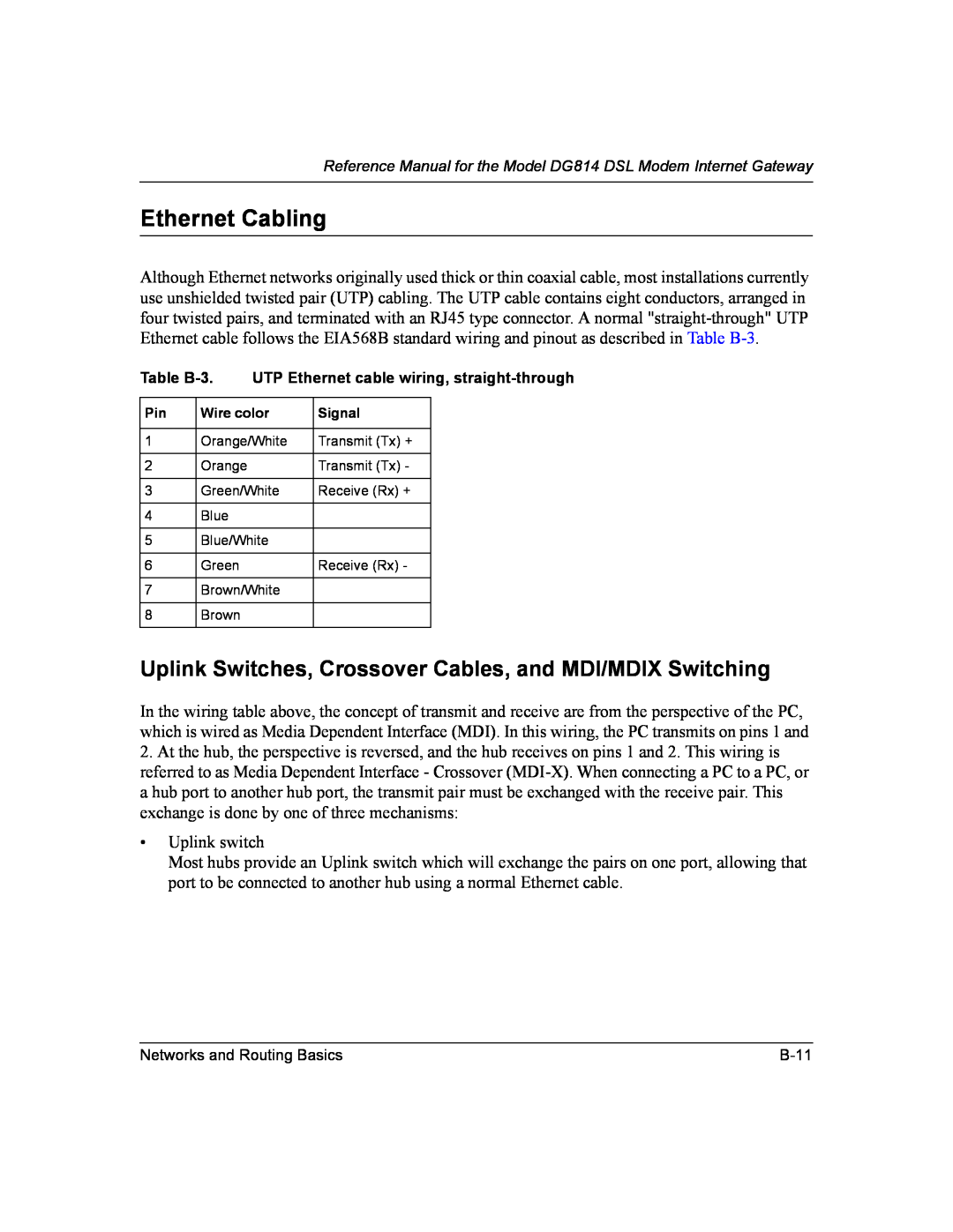 NETGEAR DG814 DSL manual Ethernet Cabling, Uplink Switches, Crossover Cables, and MDI/MDIX Switching 
