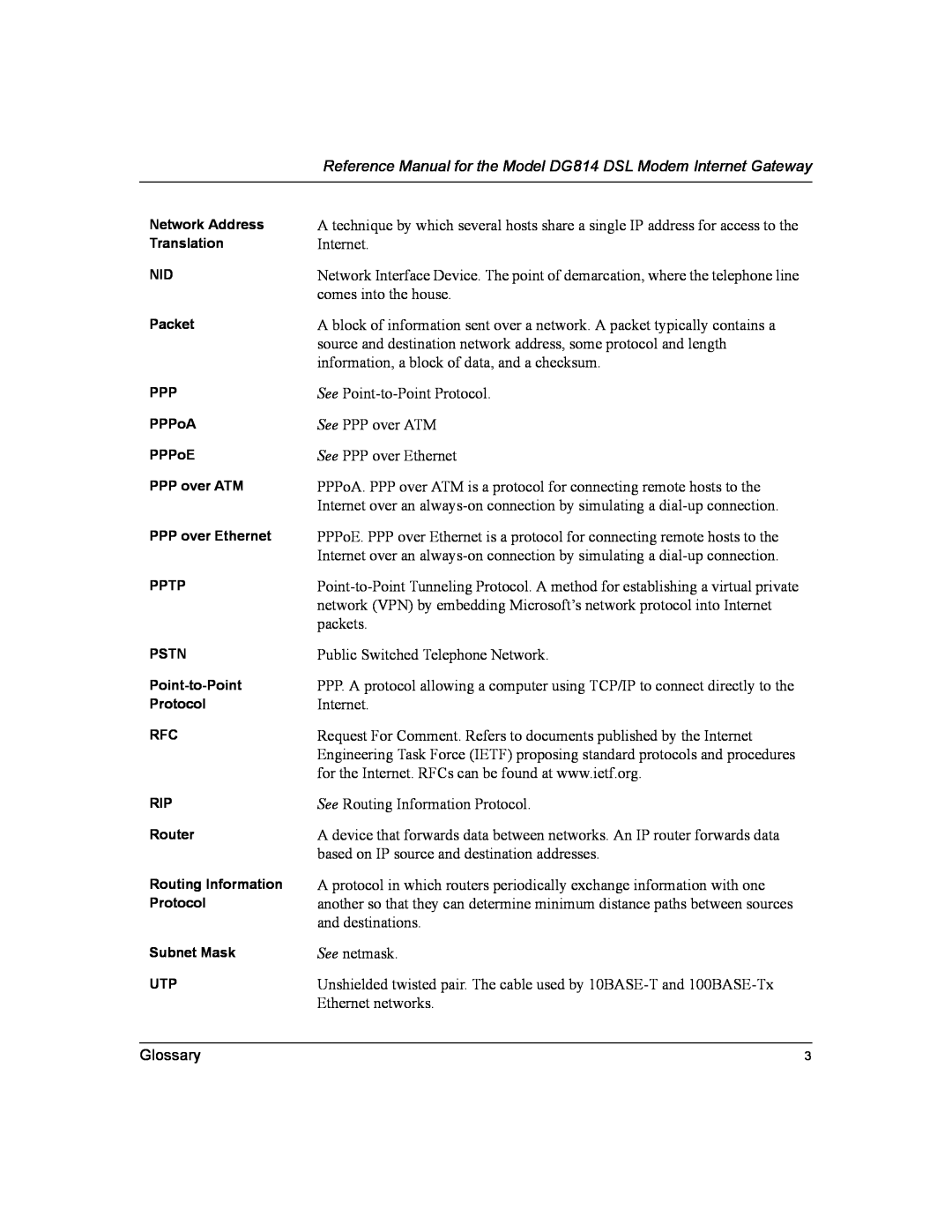 NETGEAR manual Reference Manual for the Model DG814 DSL Modem Internet Gateway, Glossary 
