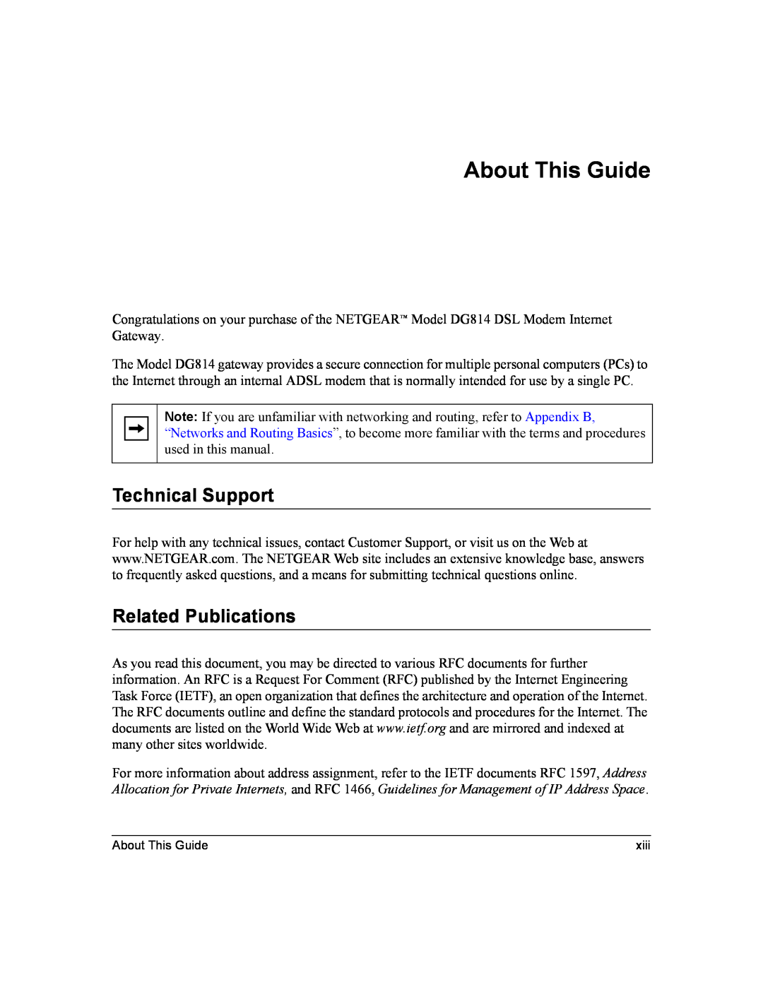 NETGEAR DG814 DSL manual About This Guide, Technical Support, Related Publications 