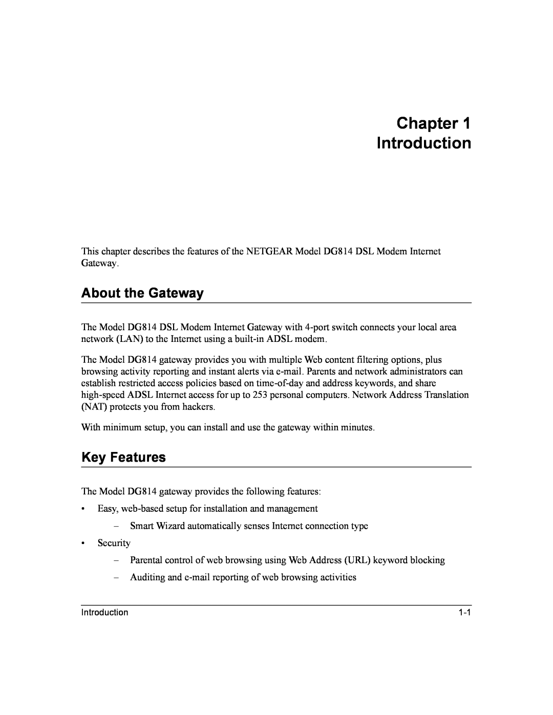 NETGEAR DG814 DSL manual Chapter Introduction, About the Gateway, Key Features 