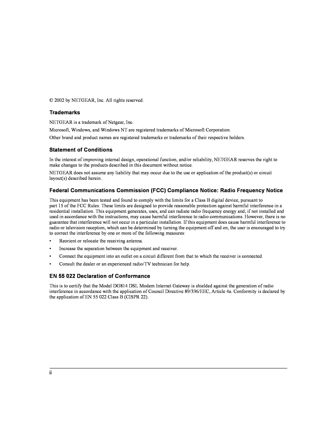 NETGEAR DG814 DSL manual Trademarks, Statement of Conditions, EN 55 022 Declaration of Conformance 