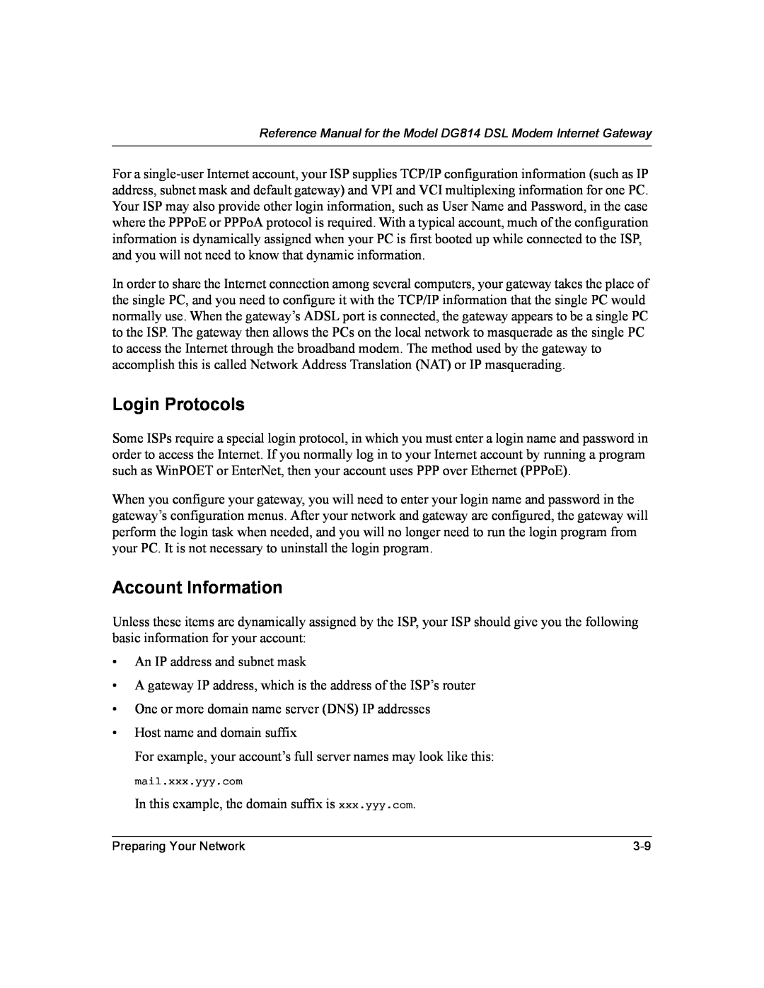 NETGEAR DG814 DSL manual Login Protocols, Account Information 