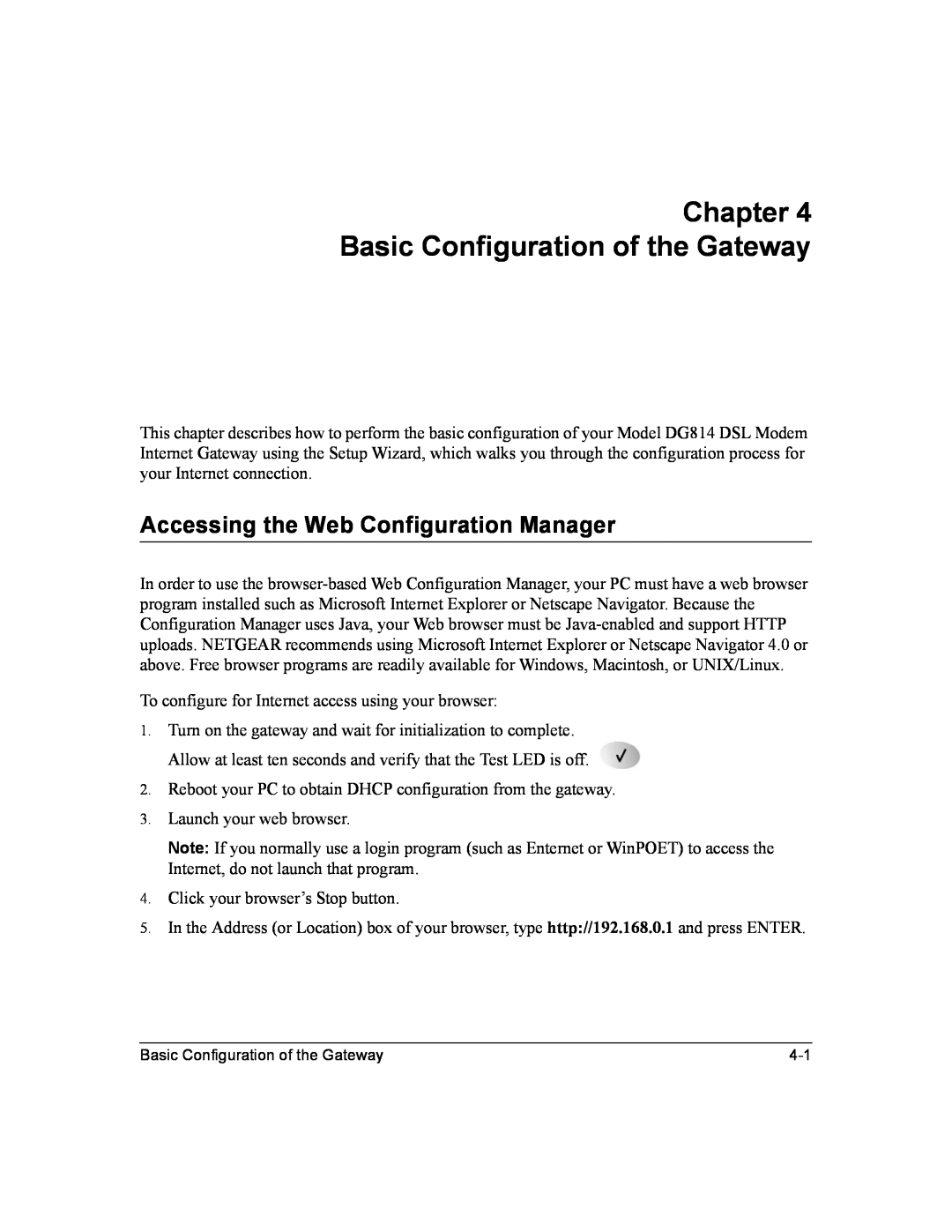 NETGEAR DG814 DSL manual Chapter Basic Configuration of the Gateway, Accessing the Web Configuration Manager 