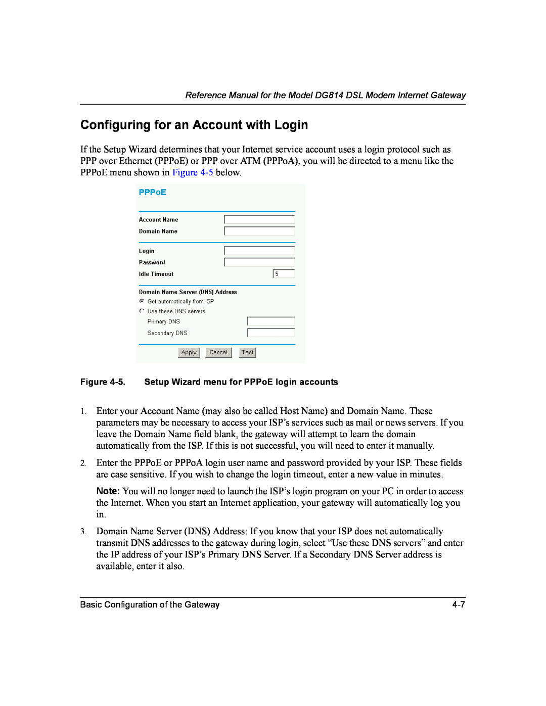 NETGEAR DG814 DSL manual Configuring for an Account with Login, 5. Setup Wizard menu for PPPoE login accounts 