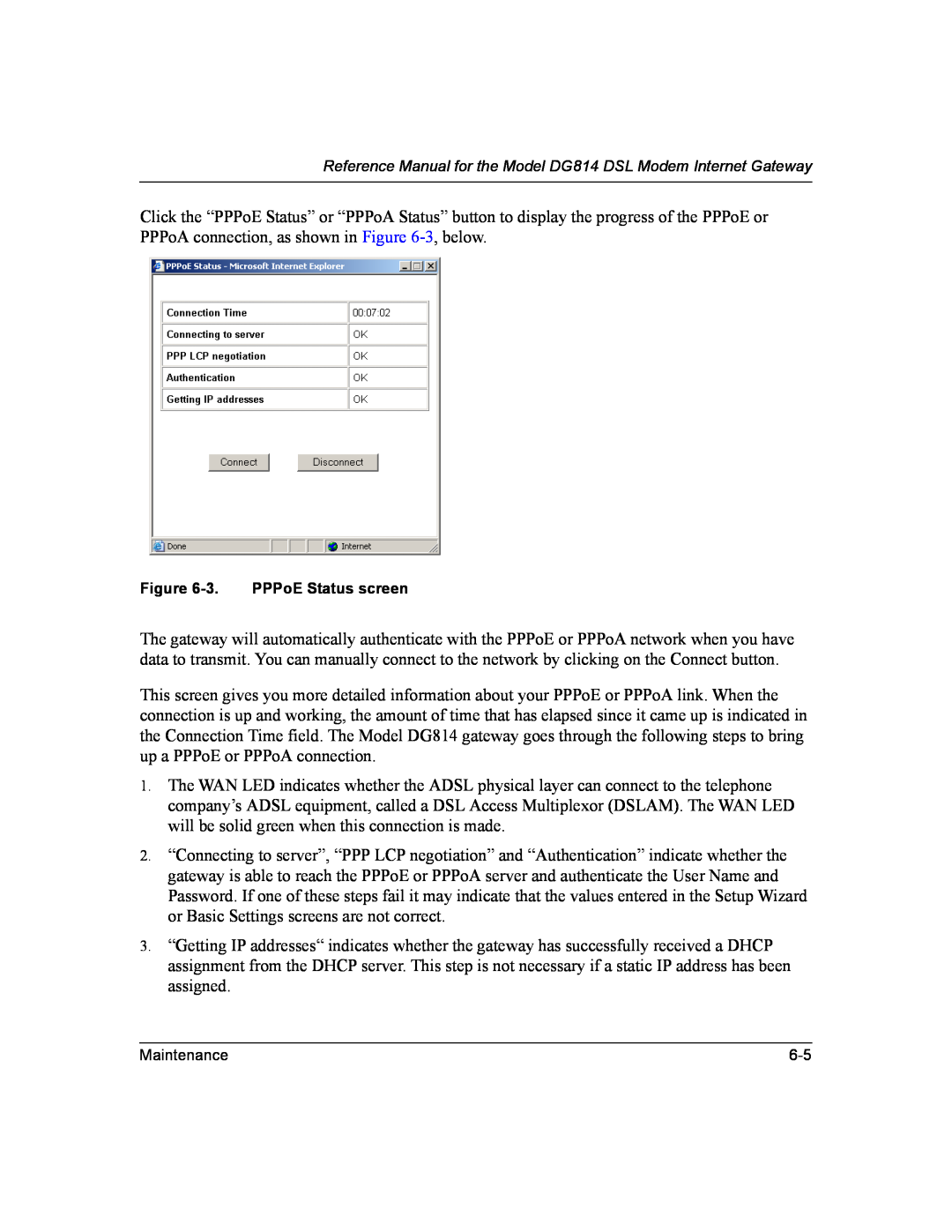 NETGEAR DG814 DSL manual 3. PPPoE Status screen 