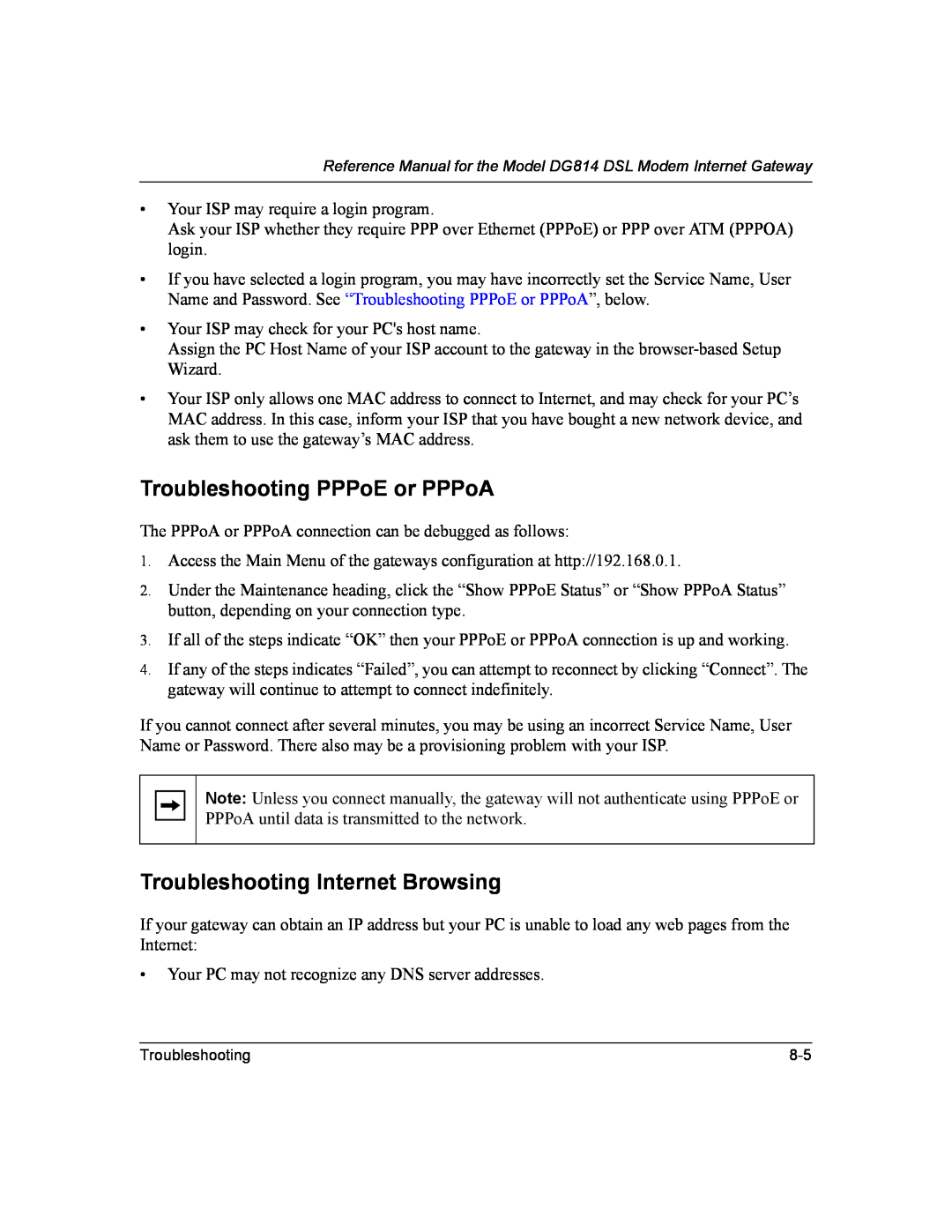 NETGEAR DG814 DSL manual Troubleshooting PPPoE or PPPoA, Troubleshooting Internet Browsing 