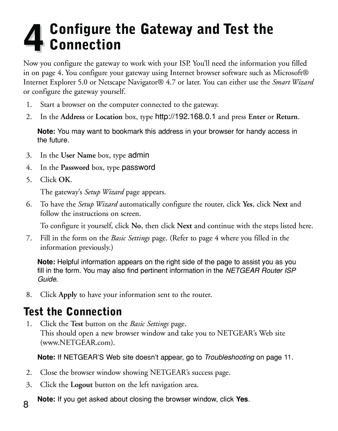 NETGEAR DG814 manual Configure the Gateway and Test 4Connection, Test the Connection 