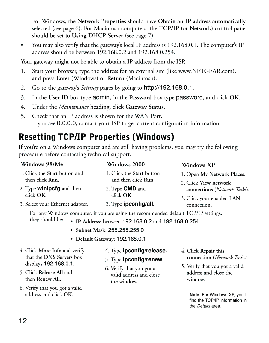 NETGEAR DG814 manual Resetting TCP/IP Properties Windows, Windows 98/Me, Windows XP 