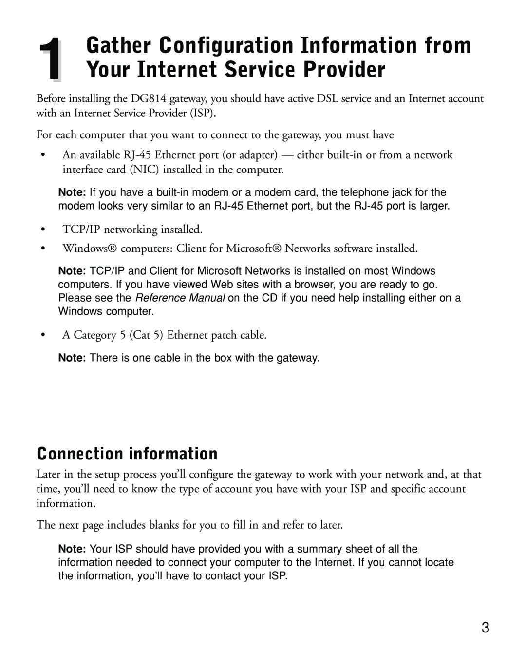 NETGEAR DG814 manual Connection information 