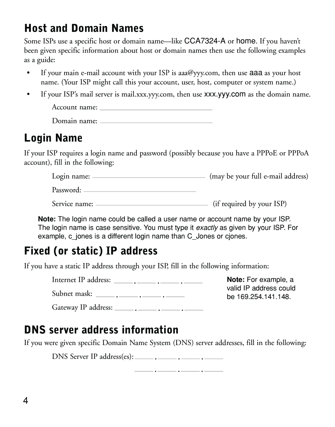 NETGEAR DG814 manual Host and Domain Names, Login Name, Fixed or static IP address, DNS server address information 