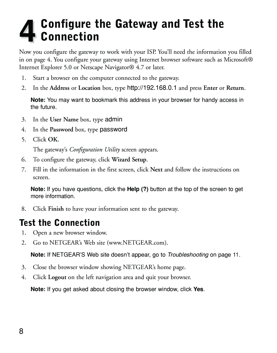 NETGEAR DG814 manual Configure the Gateway and Test 4Connection, Test the Connection 