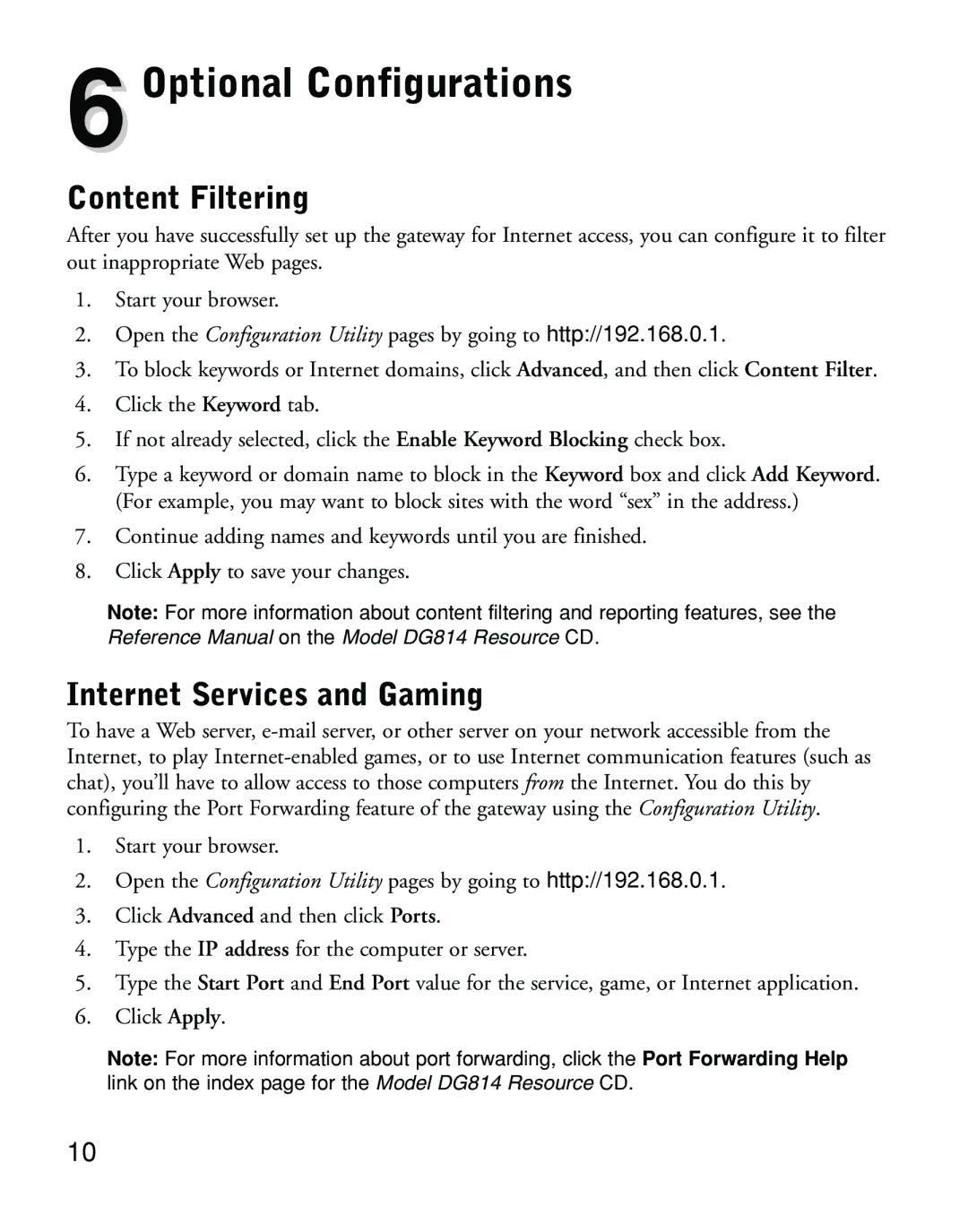 NETGEAR DG814 manual 6Optional Configurations, Content Filtering, Internet Services and Gaming 