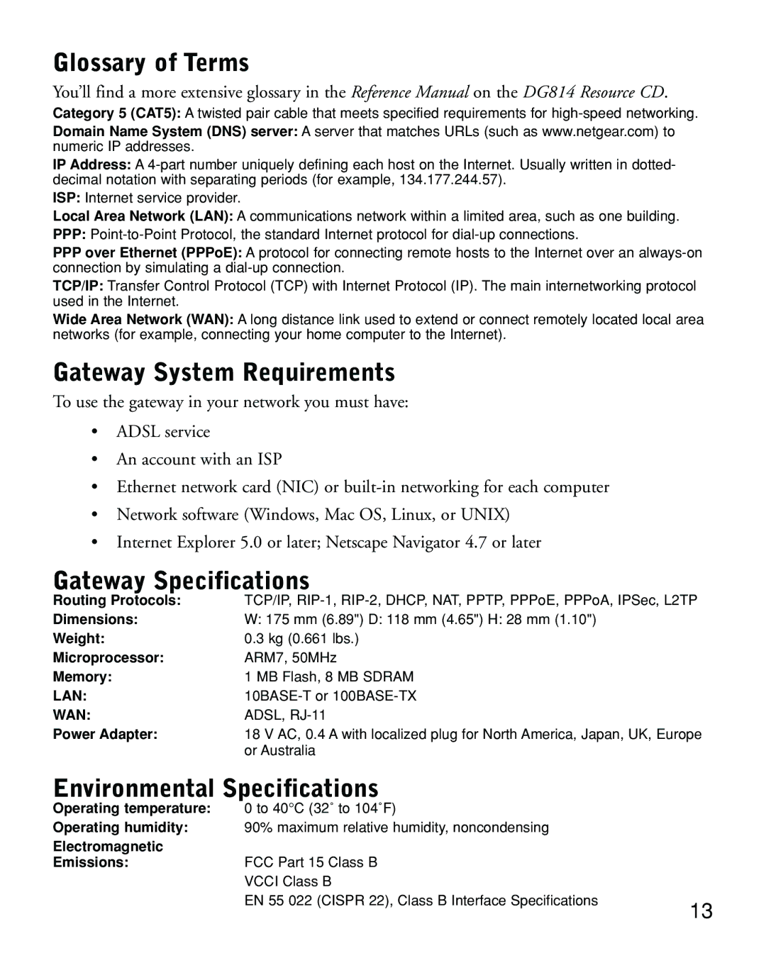 NETGEAR DG814 manual Glossary of Terms, Gateway System Requirements, Gateway Specifications, Environmental Specifications 