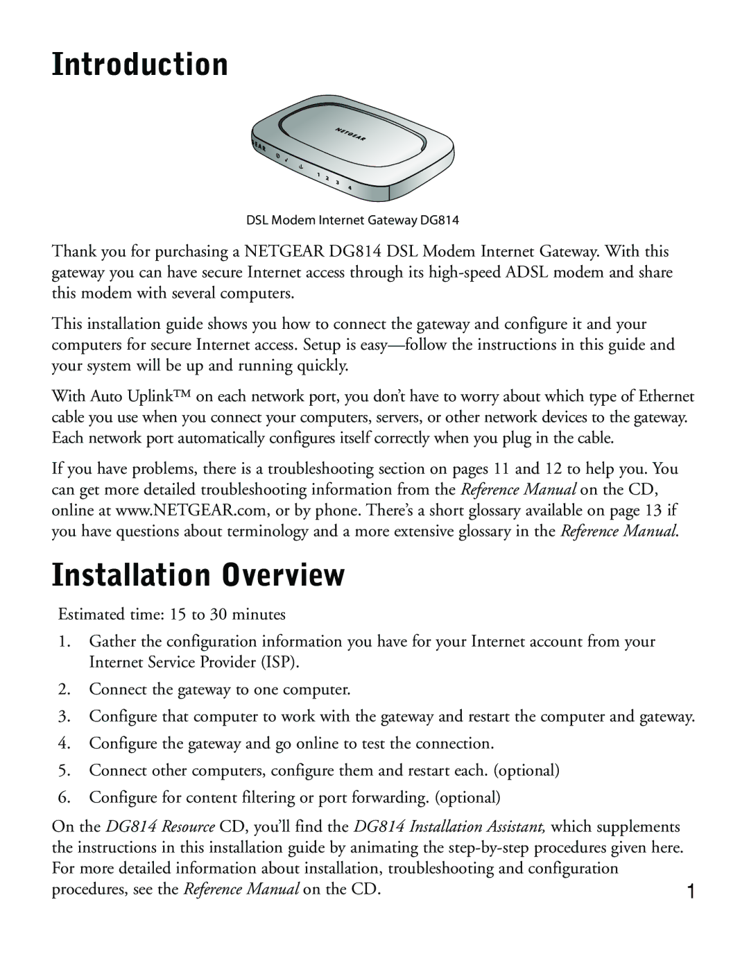 NETGEAR DG814 manual Introduction, Installation Overview 