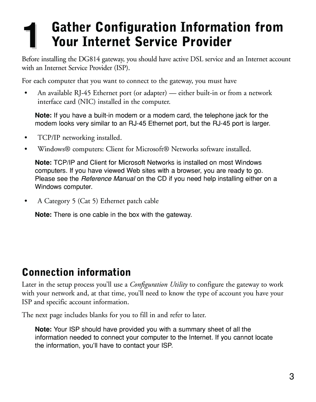 NETGEAR DG814 manual Connection information 