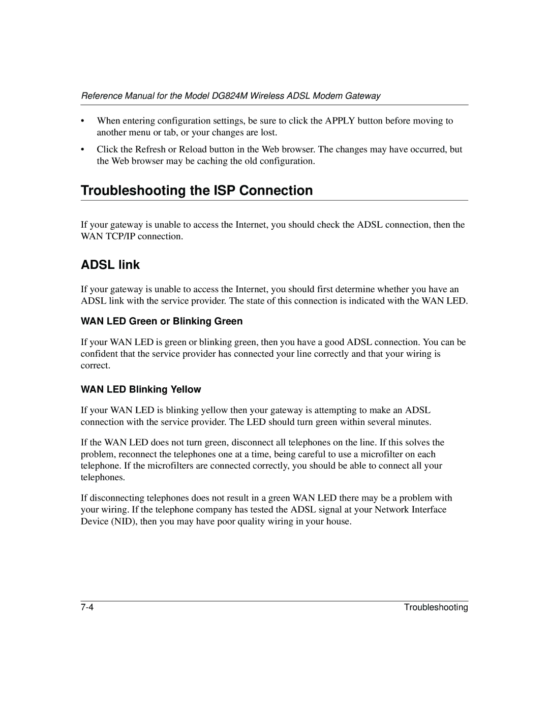 NETGEAR DG824M manual Troubleshooting the ISP Connection, Adsl link 