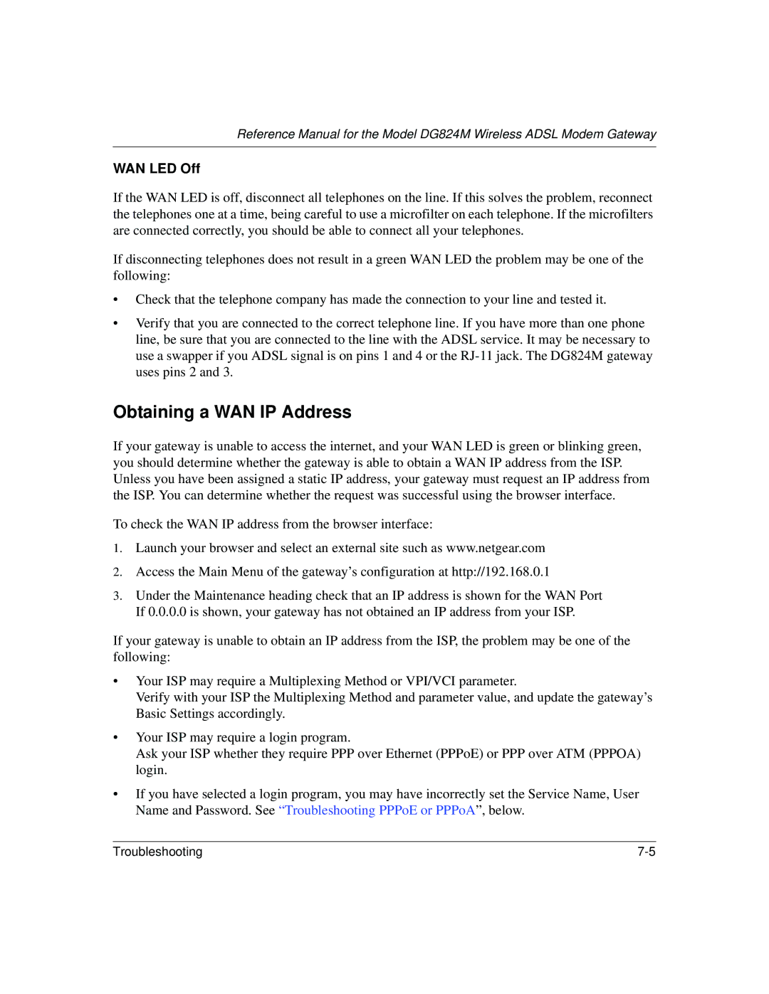 NETGEAR DG824M manual Obtaining a WAN IP Address, WAN LED Off 