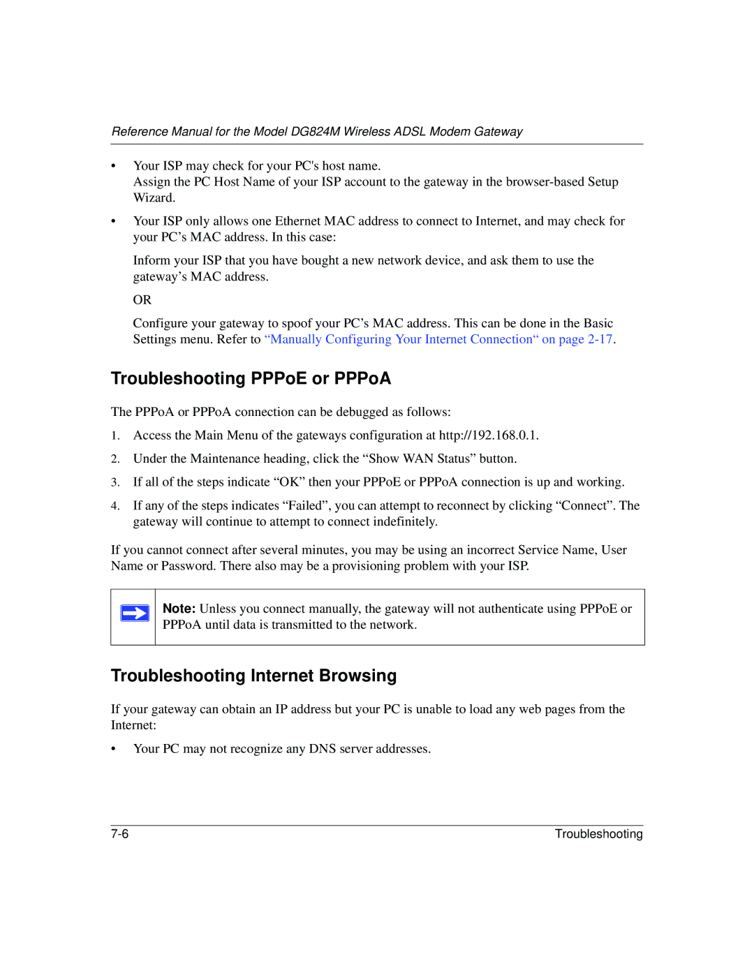 NETGEAR DG824M manual Troubleshooting PPPoE or PPPoA, Troubleshooting Internet Browsing 