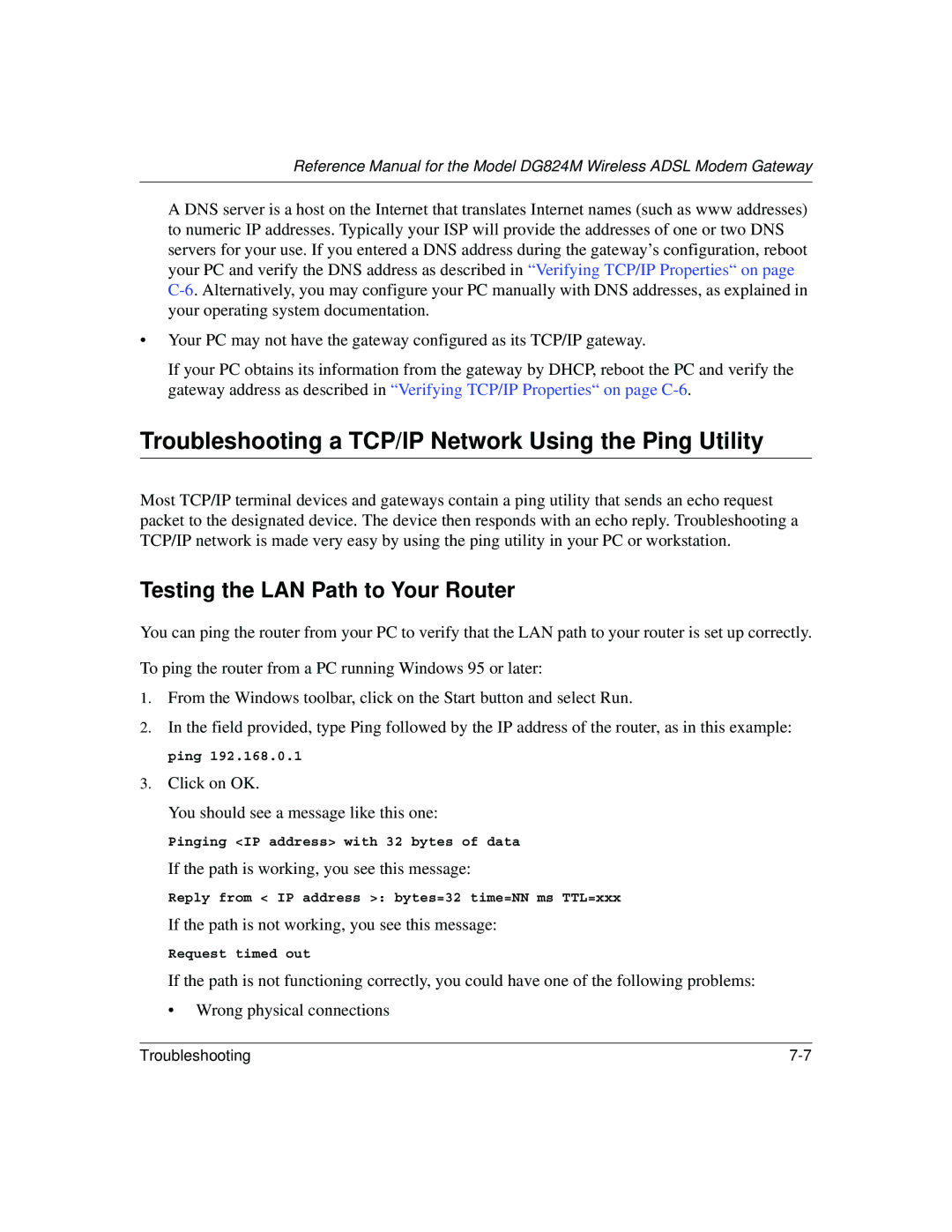 NETGEAR DG824M manual Troubleshooting a TCP/IP Network Using the Ping Utility, Testing the LAN Path to Your Router 