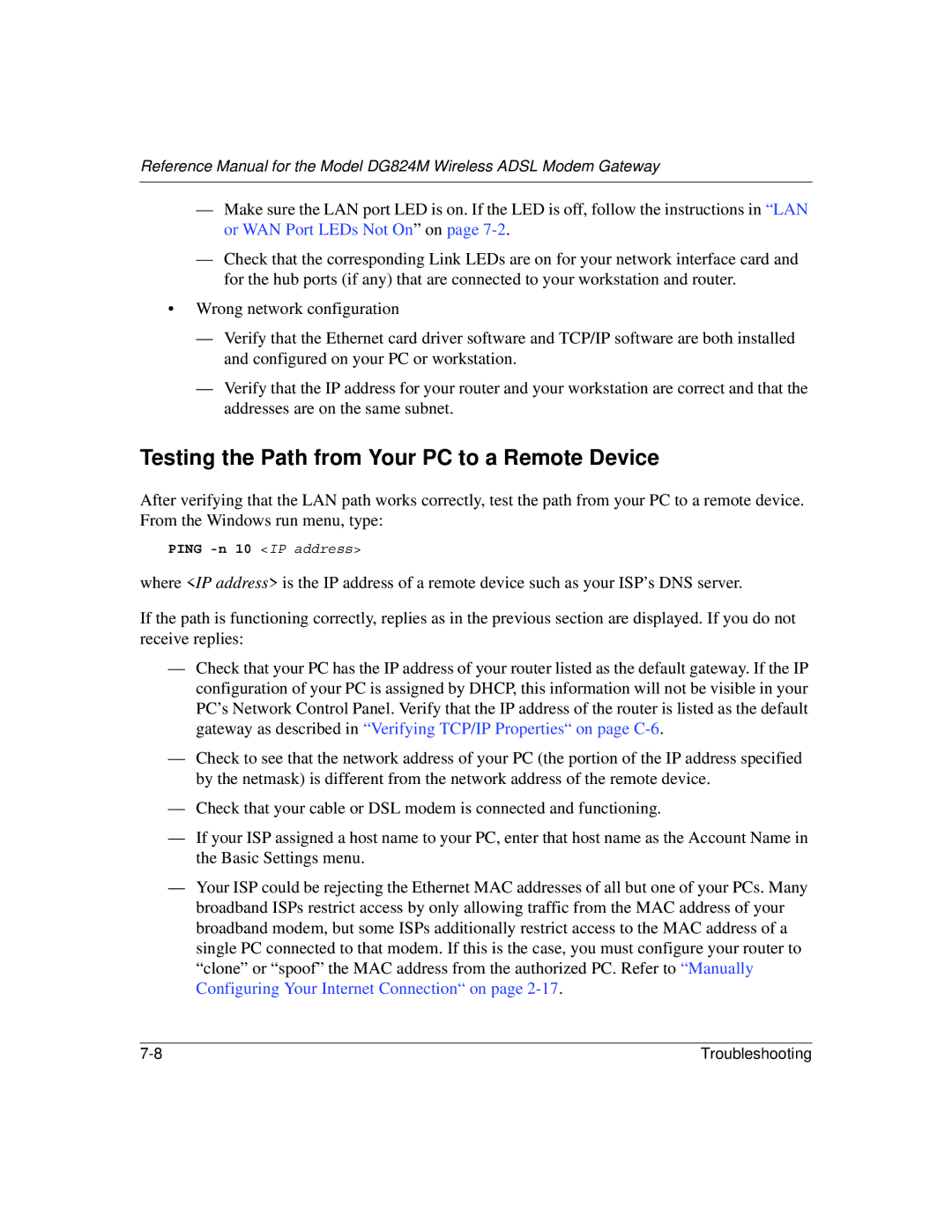 NETGEAR DG824M manual Testing the Path from Your PC to a Remote Device 