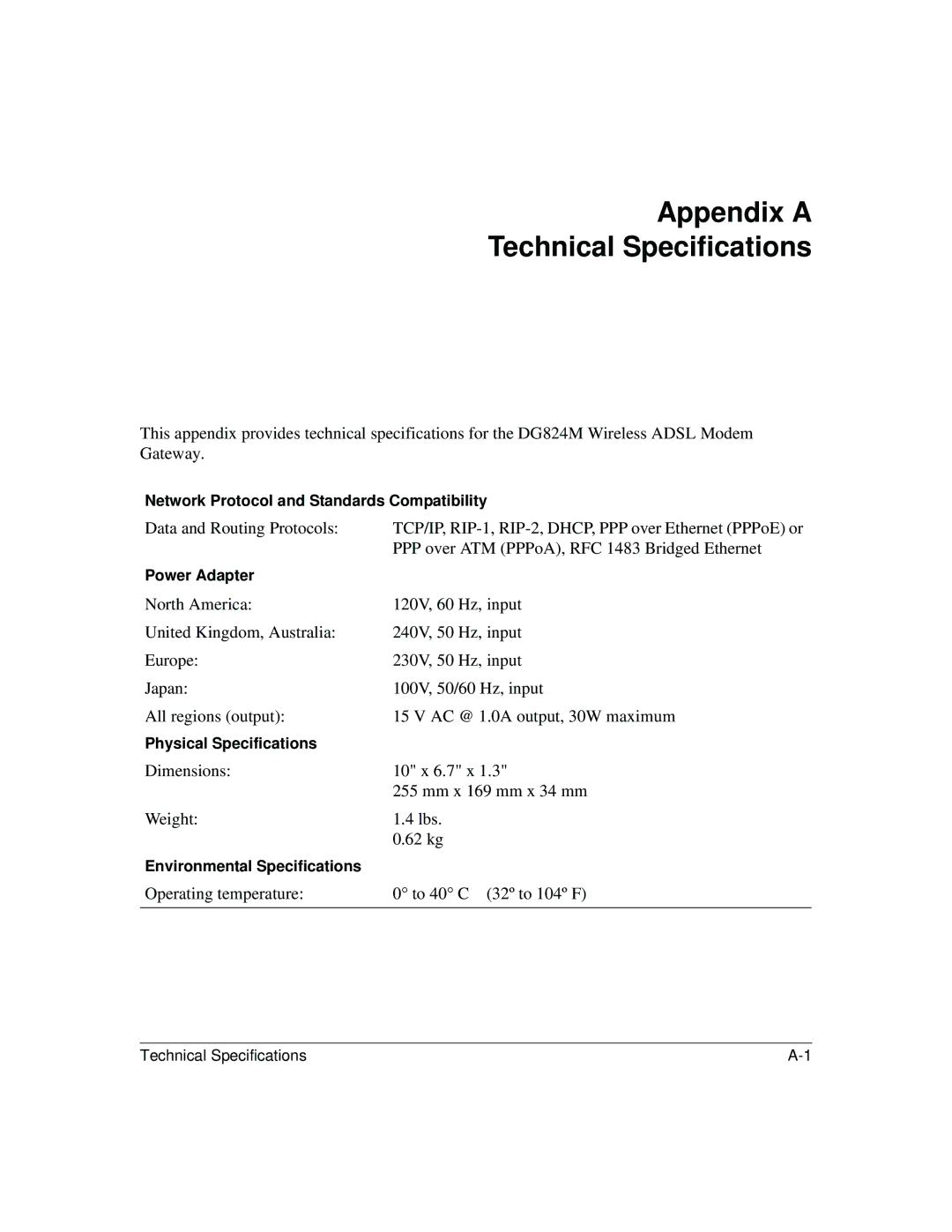 NETGEAR DG824M manual Appendix a Technical Specifications 