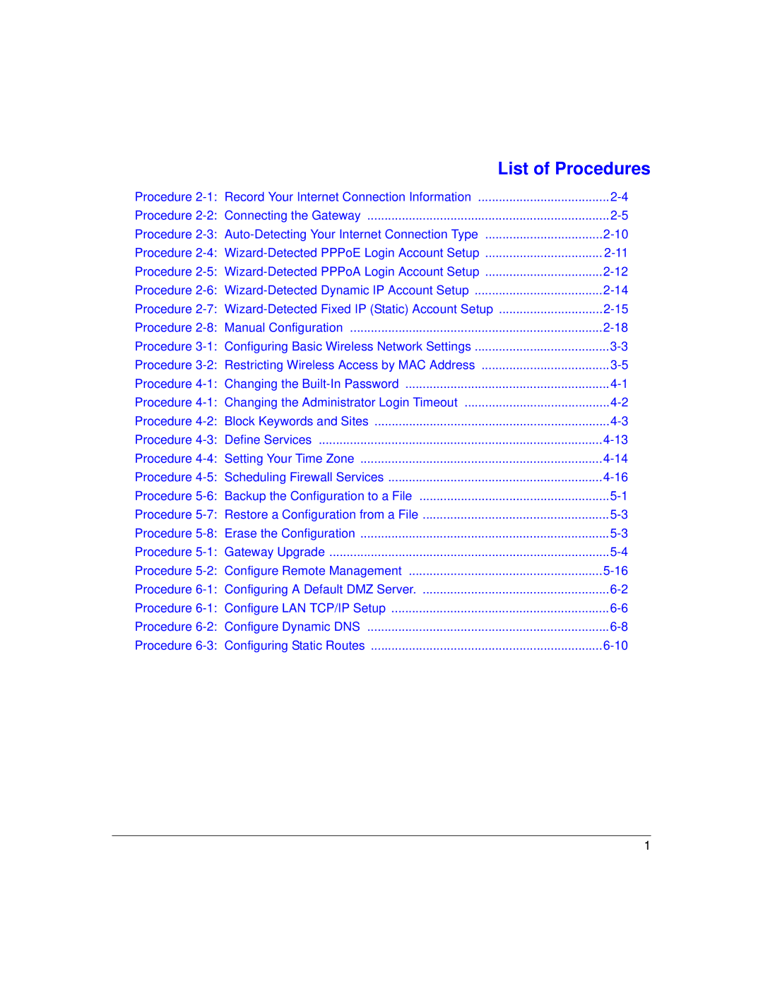 NETGEAR DG824M manual List of Procedures 