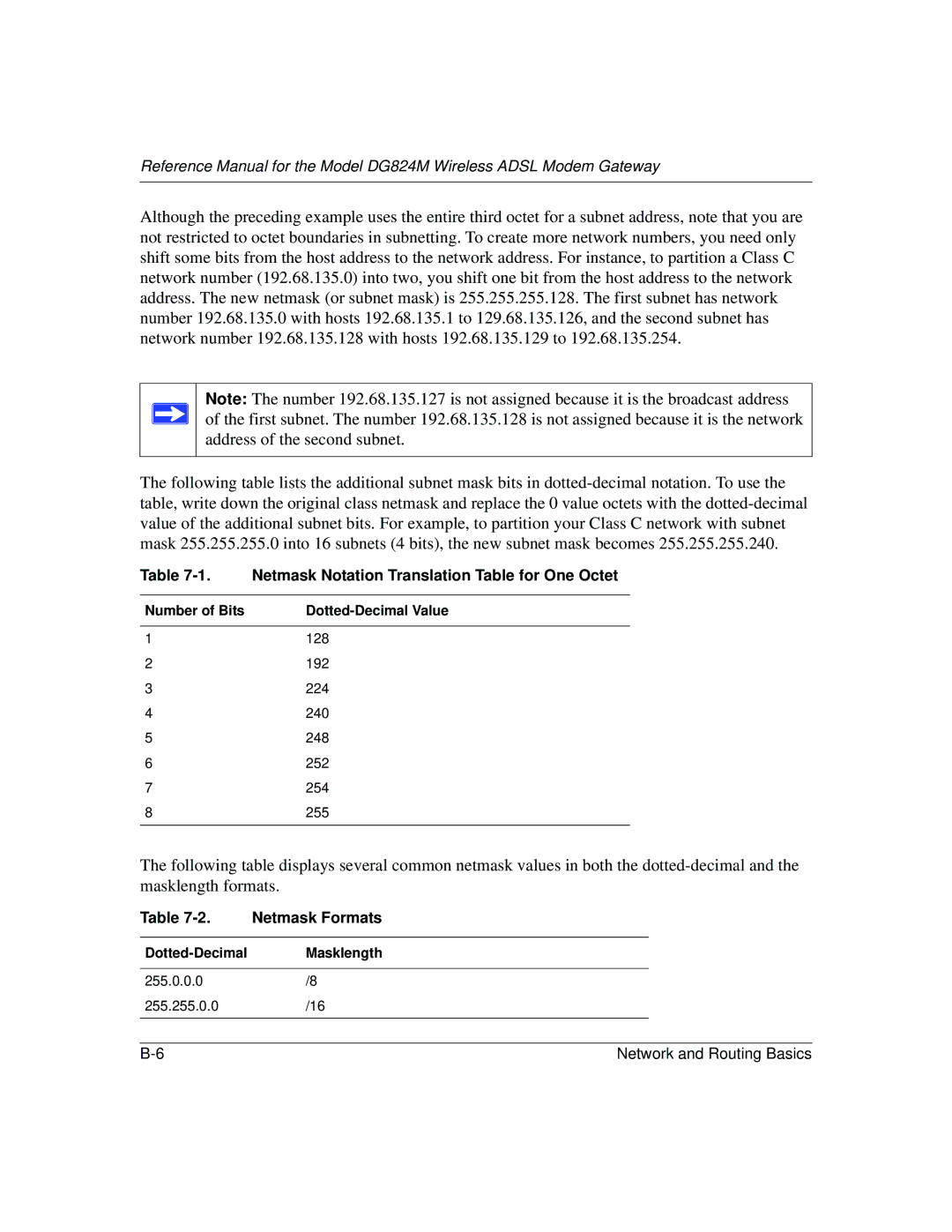 NETGEAR DG824M manual Netmask Notation Translation Table for One Octet 