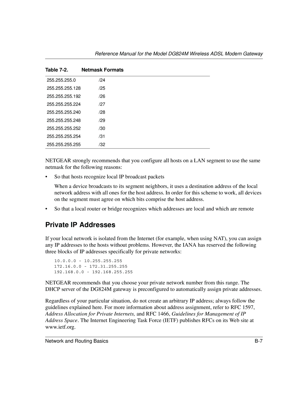 NETGEAR DG824M manual Private IP Addresses 