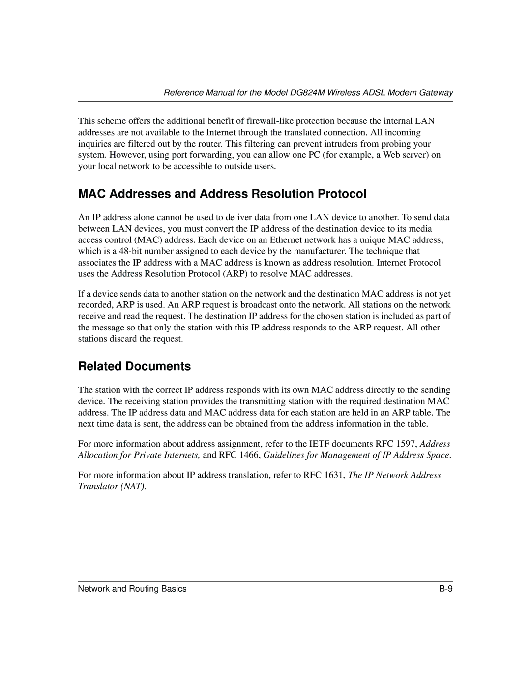 NETGEAR DG824M manual MAC Addresses and Address Resolution Protocol, Related Documents 