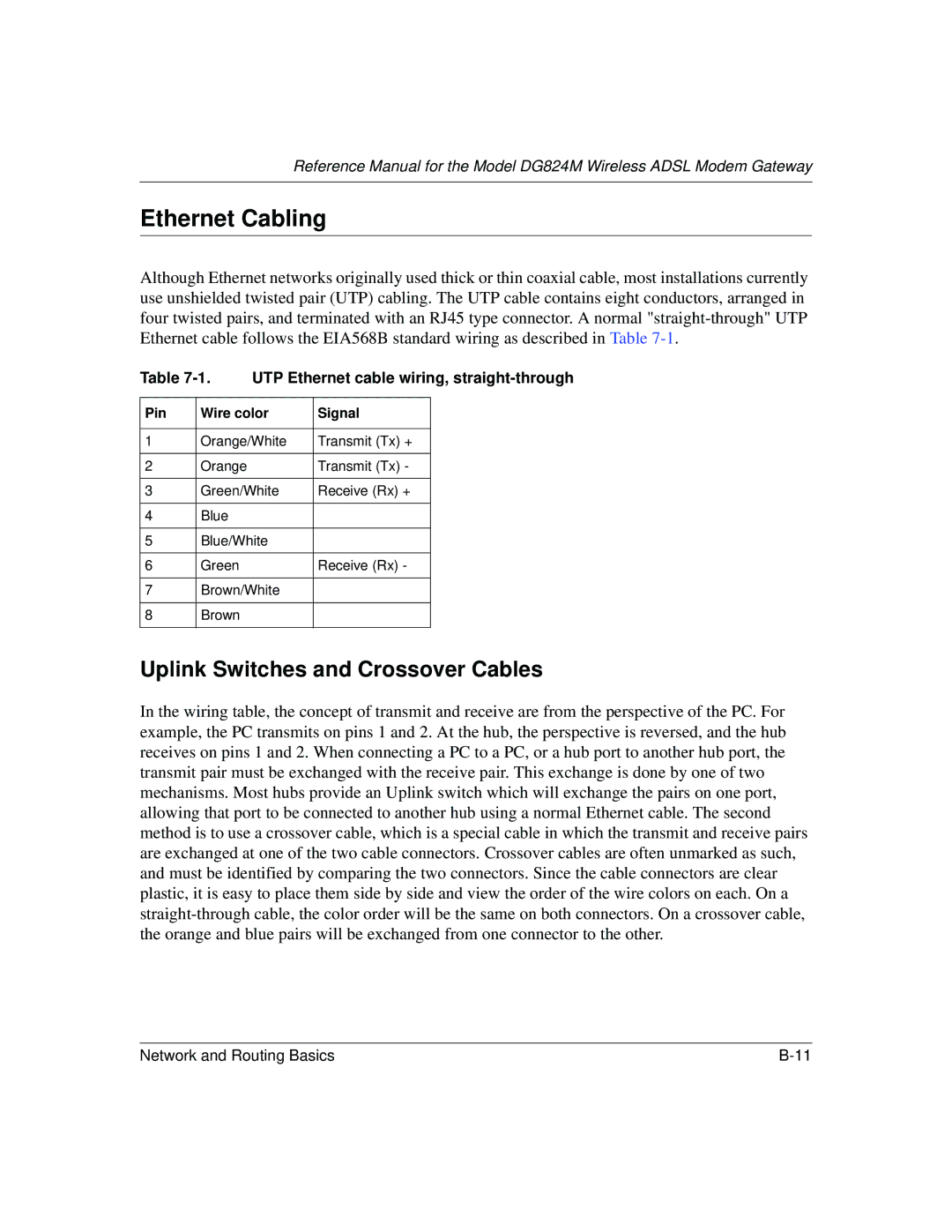 NETGEAR DG824M manual Ethernet Cabling, Uplink Switches and Crossover Cables 