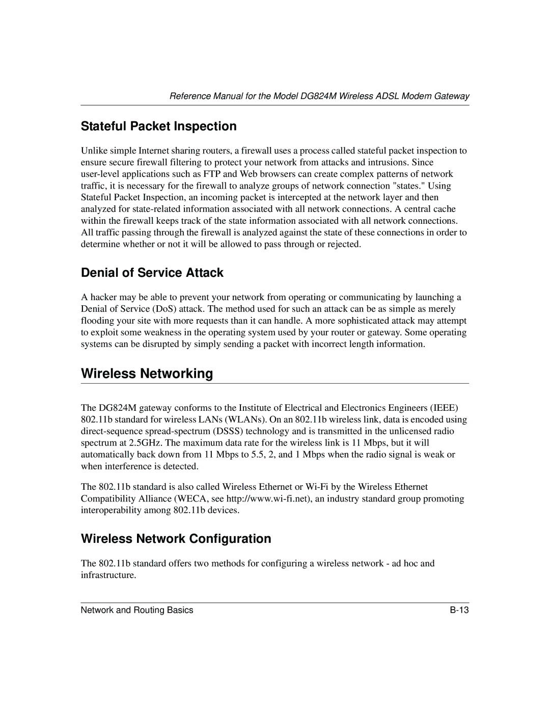 NETGEAR DG824M Wireless Networking, Stateful Packet Inspection, Denial of Service Attack, Wireless Network Configuration 