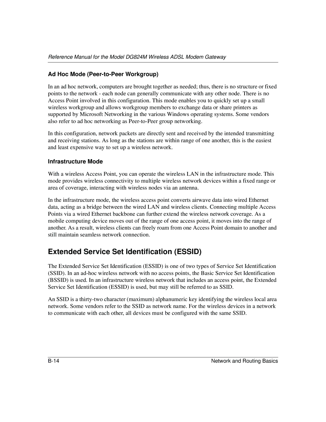 NETGEAR DG824M manual Extended Service Set Identification Essid, Ad Hoc Mode Peer-to-Peer Workgroup 