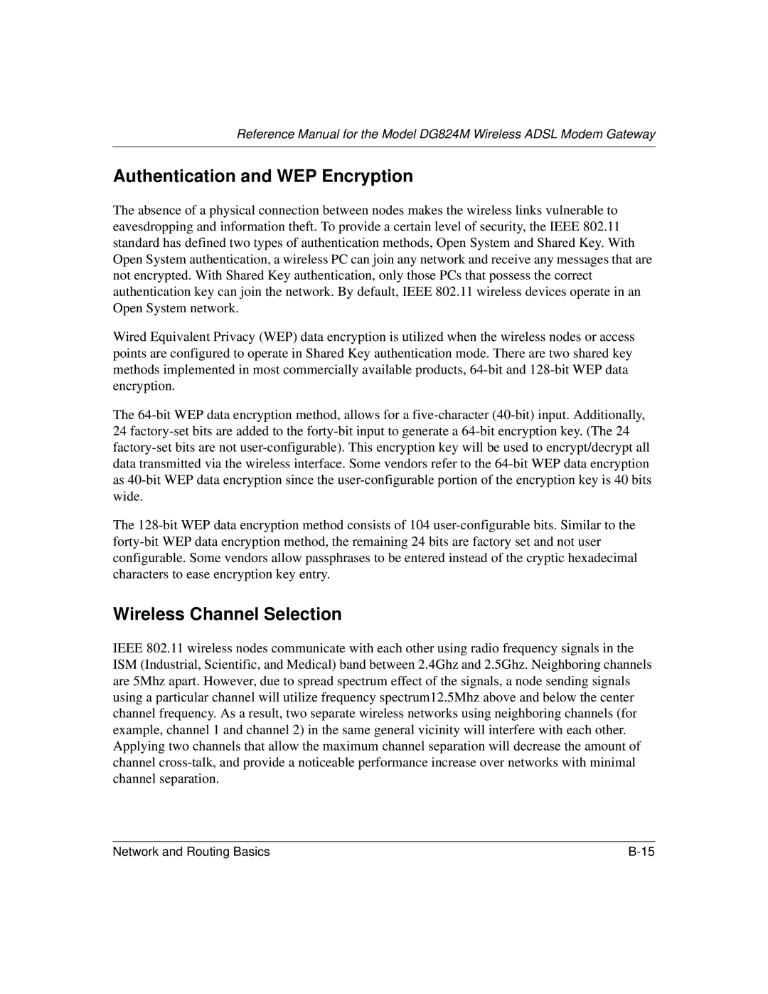 NETGEAR DG824M manual Authentication and WEP Encryption, Wireless Channel Selection 