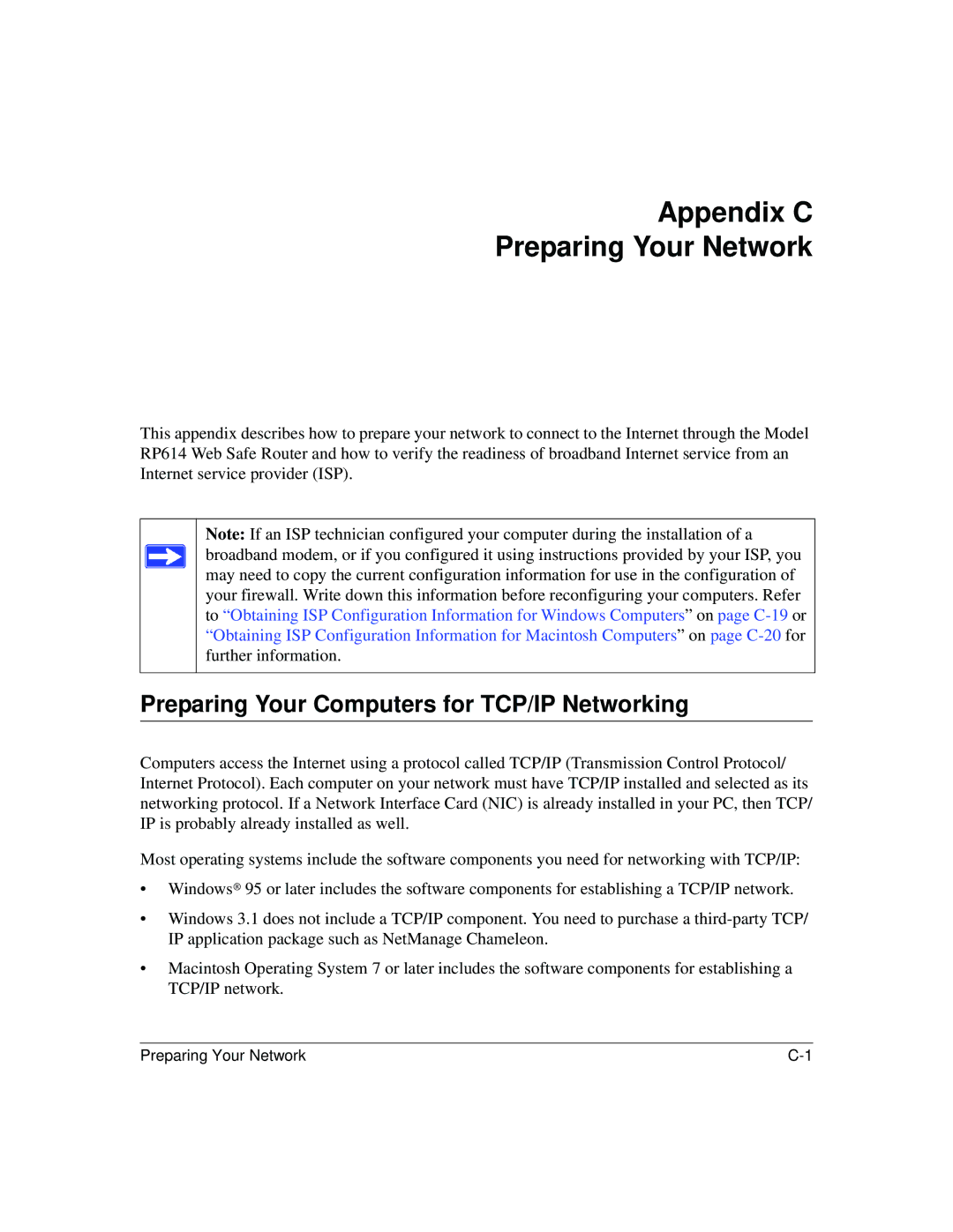 NETGEAR DG824M manual Appendix C Preparing Your Network, Preparing Your Computers for TCP/IP Networking 