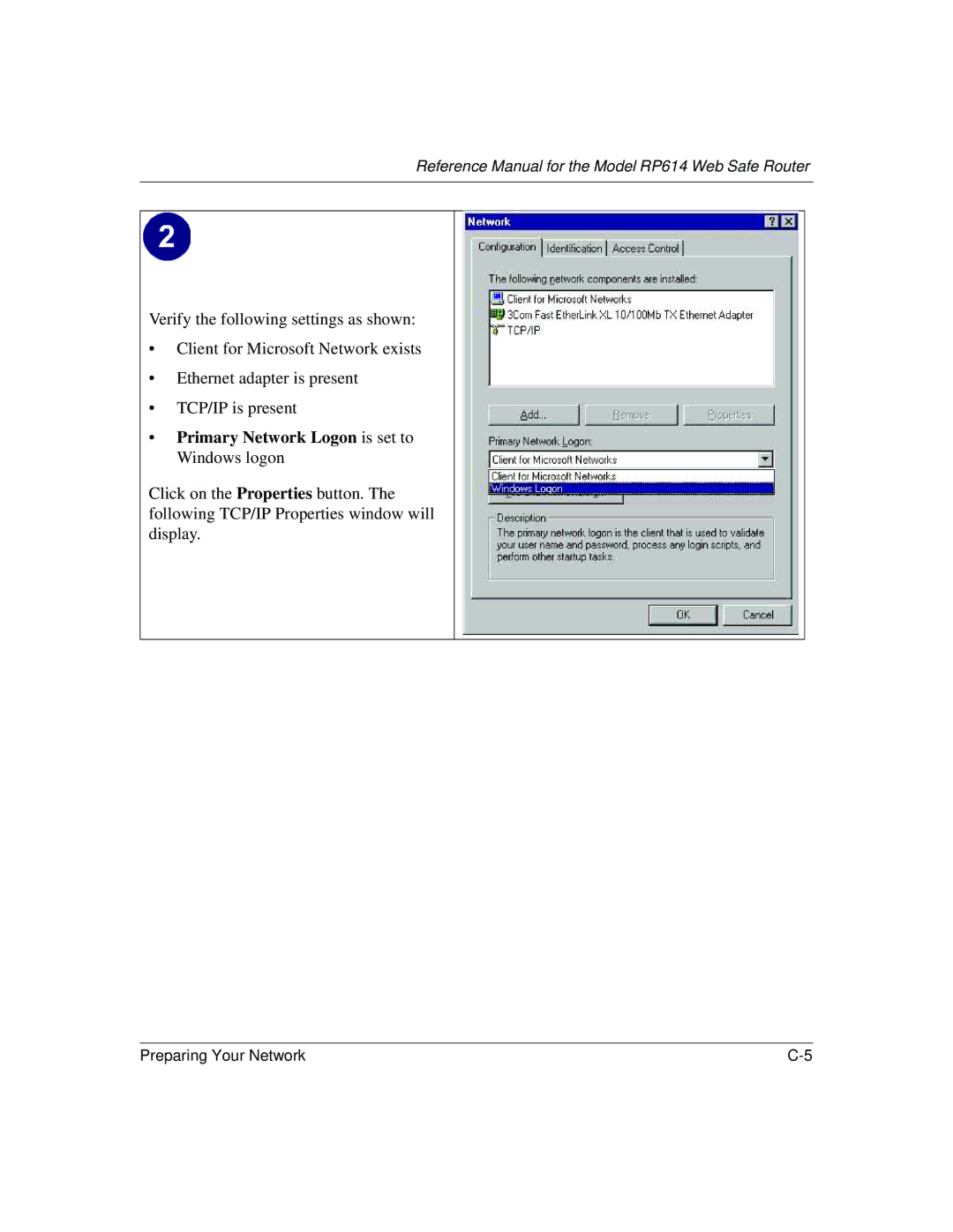 NETGEAR DG824M manual Primary Network Logon is set to Windows logon 