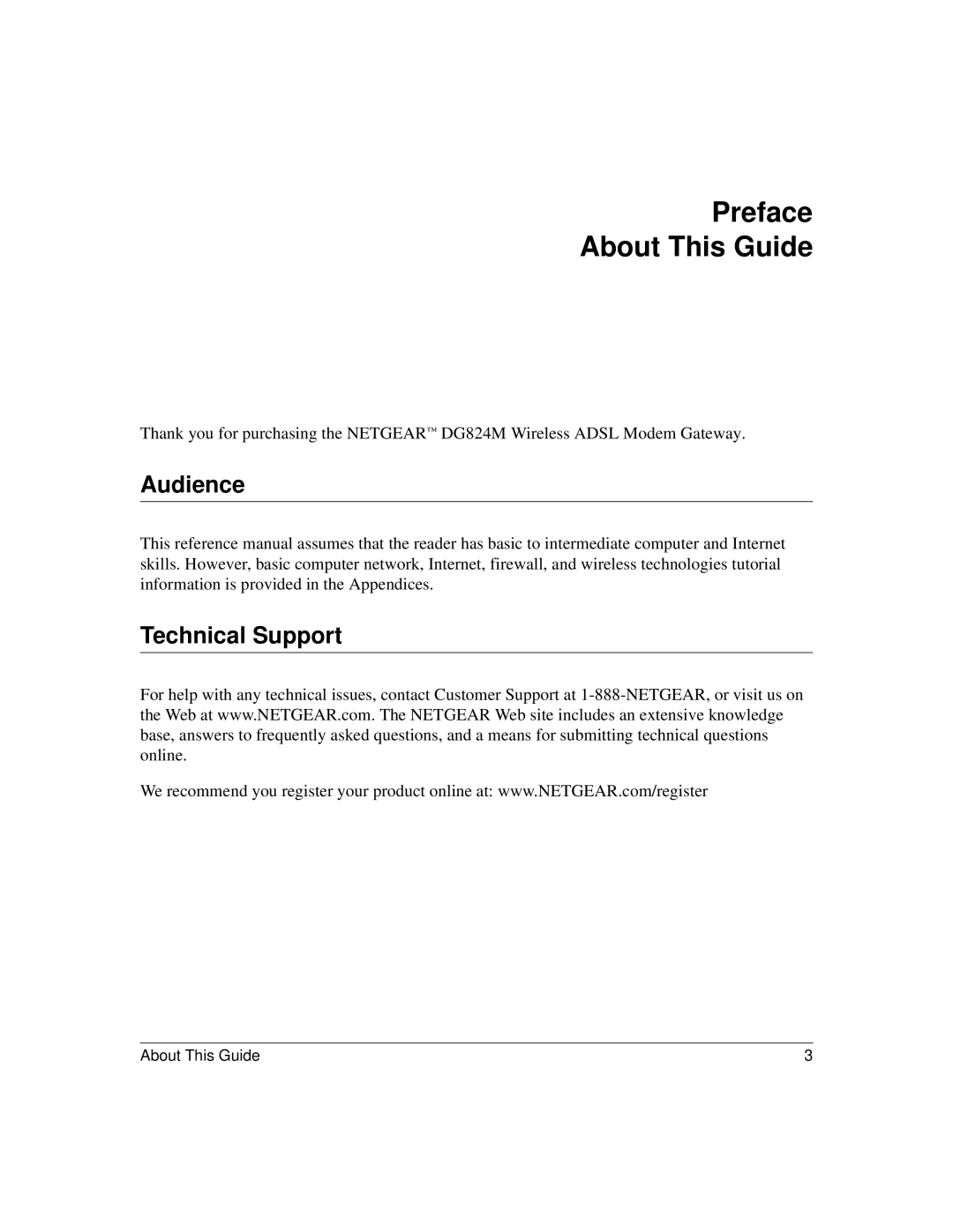 NETGEAR DG824M manual Preface About This Guide, Audience, Technical Support 