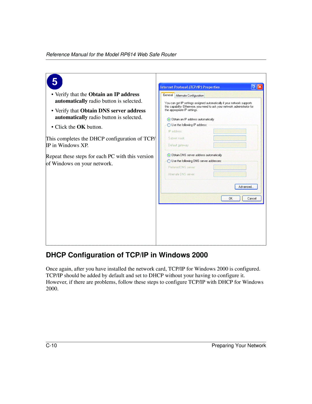 NETGEAR DG824M manual Dhcp Configuration of TCP/IP in Windows 