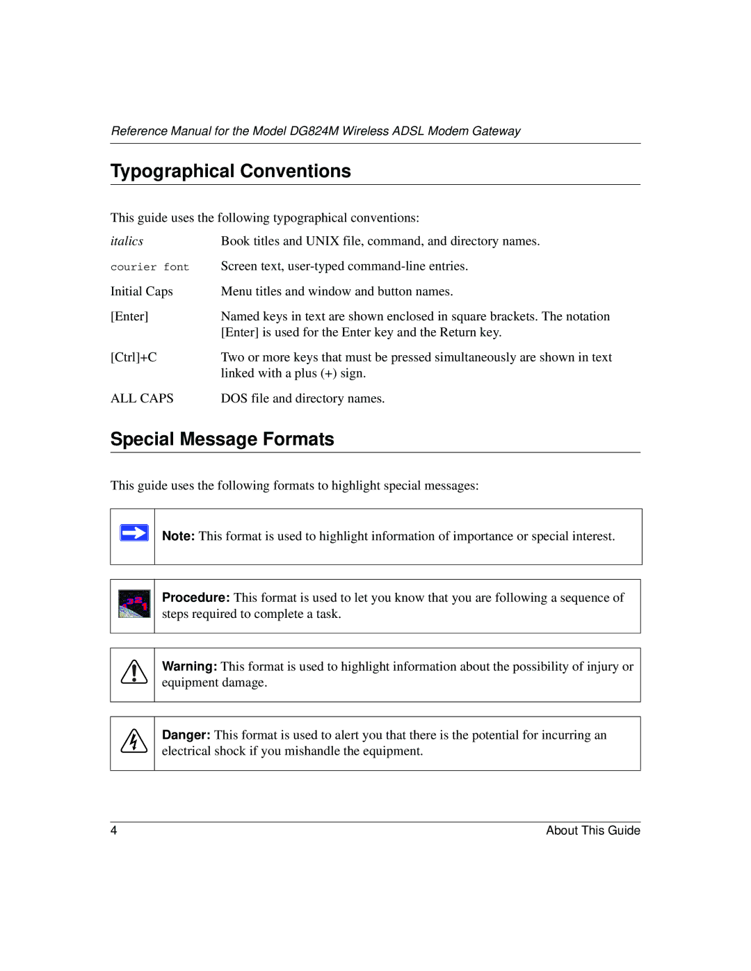 NETGEAR DG824M manual Typographical Conventions, Special Message Formats 