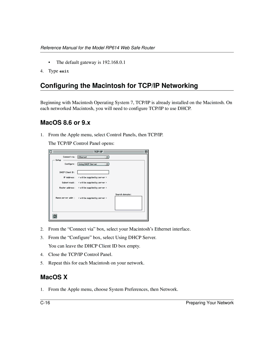 NETGEAR DG824M manual Configuring the Macintosh for TCP/IP Networking, MacOS 8.6 or 