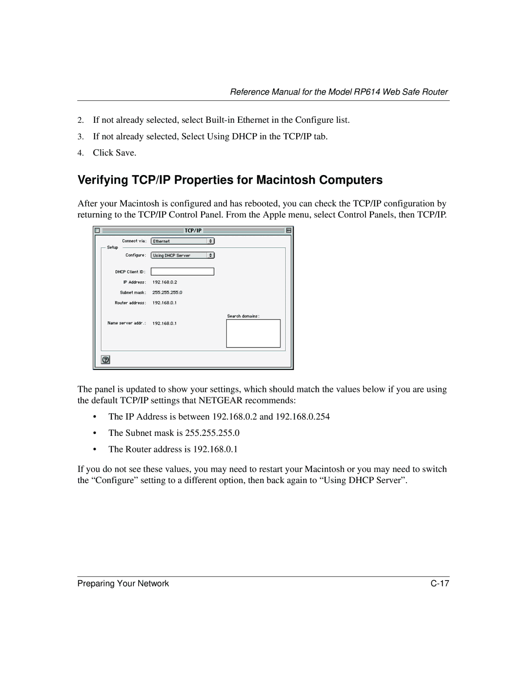 NETGEAR DG824M manual Verifying TCP/IP Properties for Macintosh Computers 