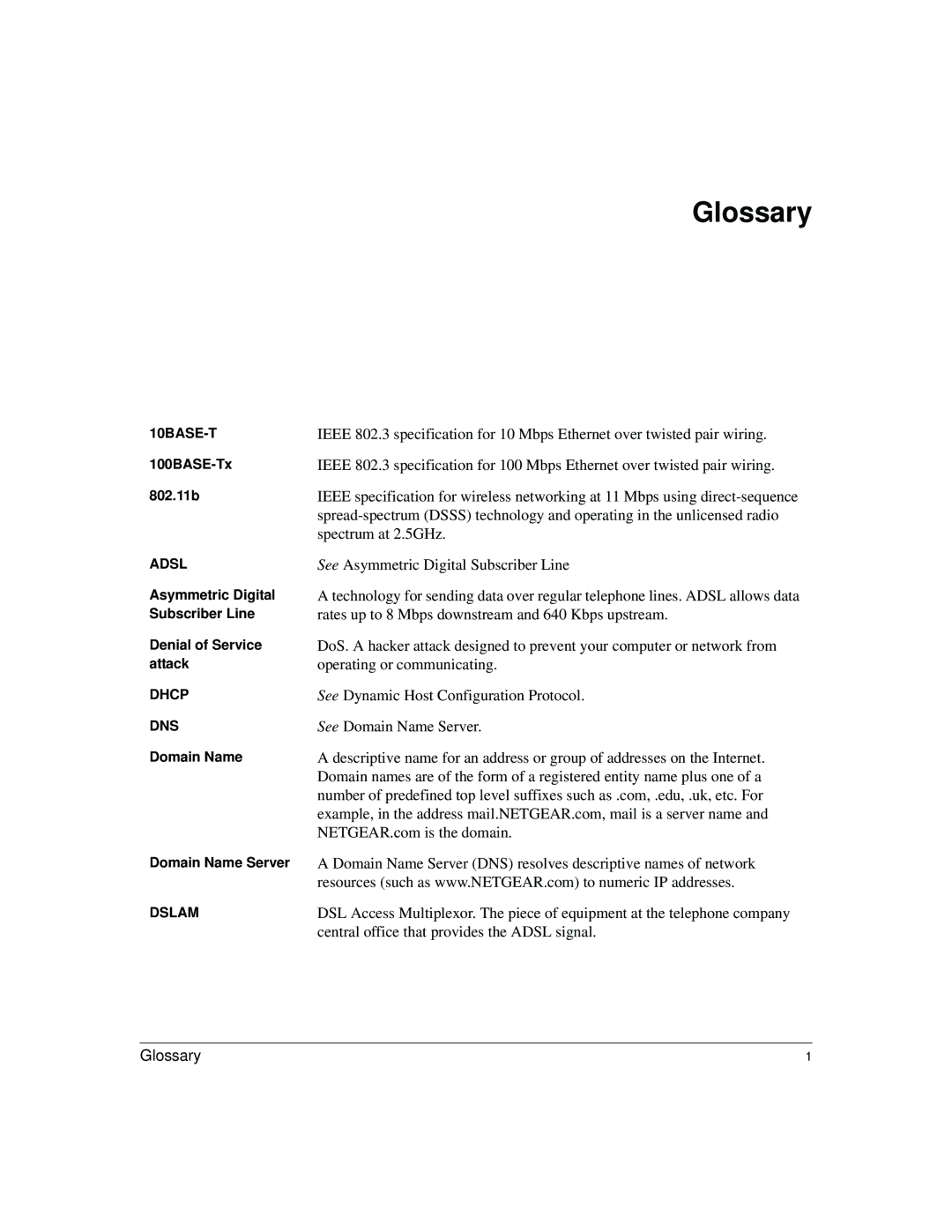 NETGEAR DG824M manual Glossary, See Asymmetric Digital Subscriber Line 