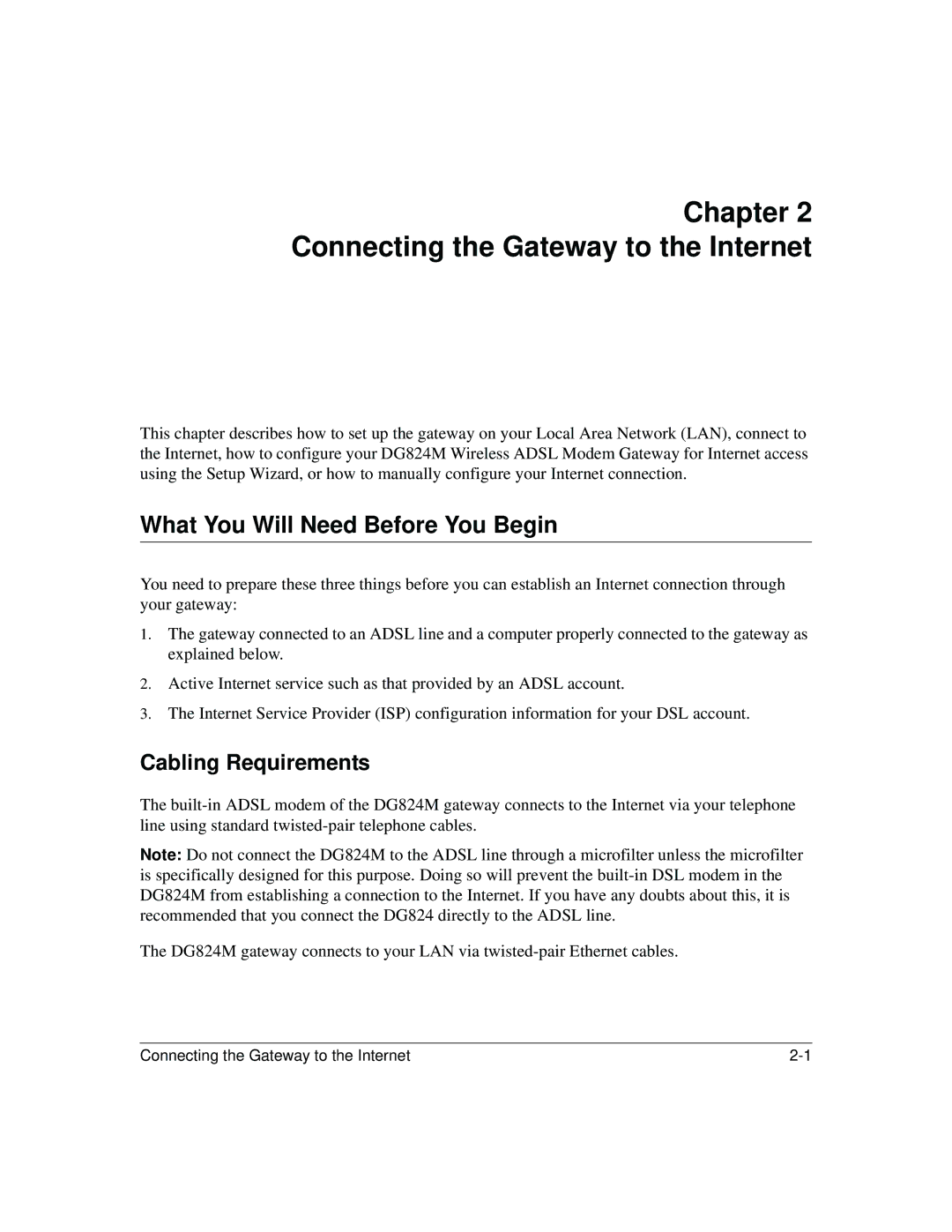 NETGEAR DG824M manual Connecting the Gateway to the Internet, What You Will Need Before You Begin, Cabling Requirements 