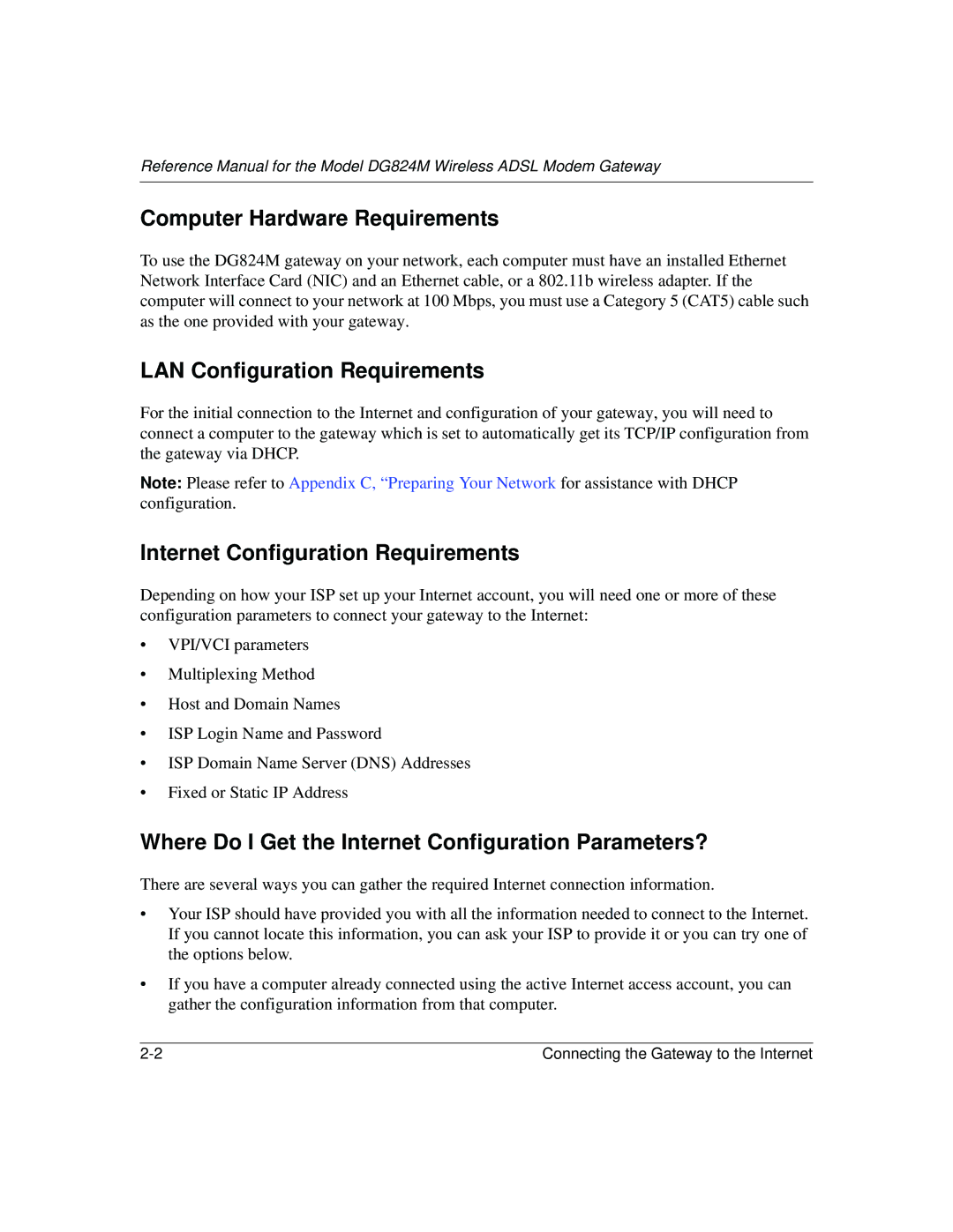 NETGEAR DG824M manual Computer Hardware Requirements, LAN Configuration Requirements, Internet Configuration Requirements 