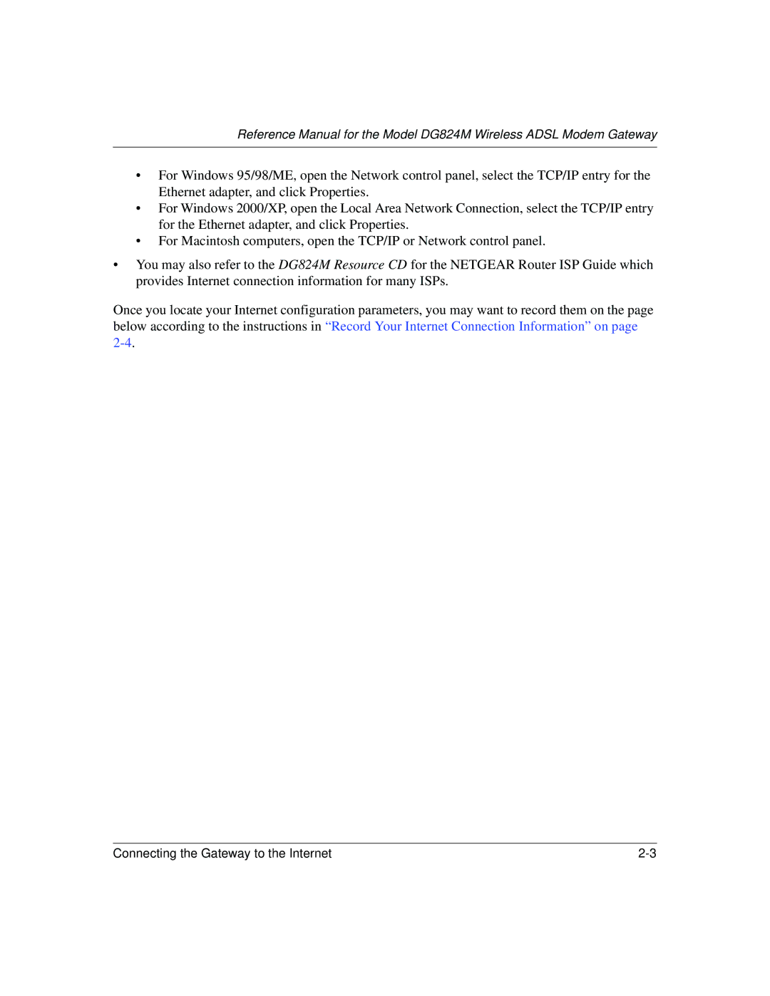 NETGEAR DG824M manual Connecting the Gateway to the Internet 